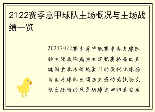 2122赛季意甲球队主场概况与主场战绩一览
